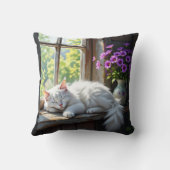 Napping White Cat and Purple Flowers  クッション (裏面)