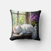 Napping White Cat and Purple Flowers  クッション (正面)