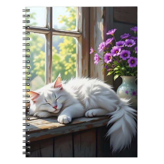 Napping White Cat and Purple Flowers ノートブック (正面)