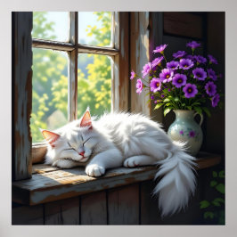 Napping White Cat and Purple Flowers  ポスター