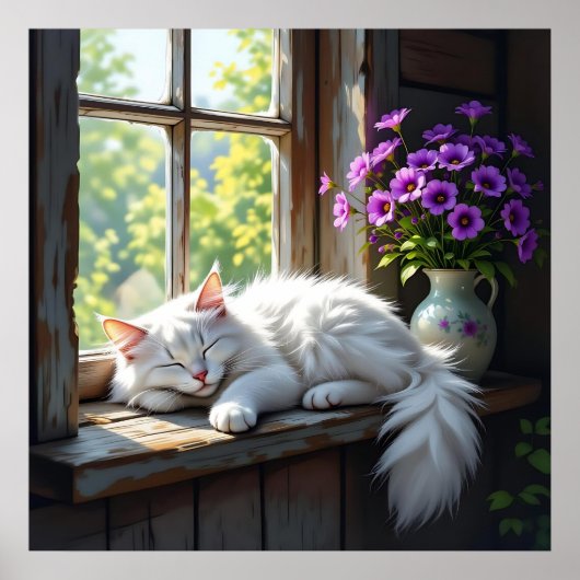 Napping White Cat and Purple Flowers  ポスター (正面)