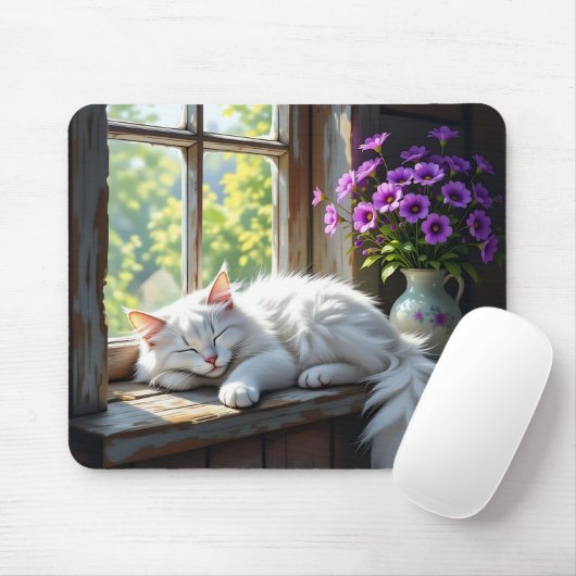 Napping White Cat and Purple Flowers  マウスパッド (マウス)