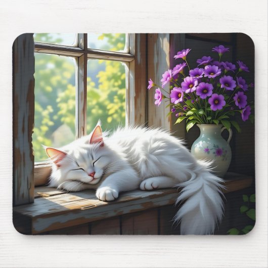 Napping White Cat and Purple Flowers  マウスパッド (正面)