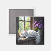 Napping White Cat and Purple Flowers  マグネット (正面/裏面)
