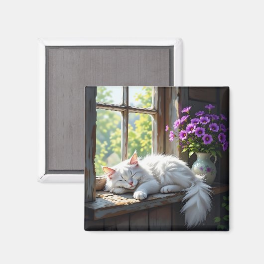 Napping White Cat and Purple Flowers マグネット (正面/裏面)