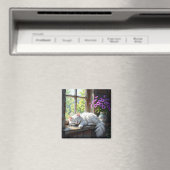 Napping White Cat and Purple Flowers  マグネット (インサイチュ (食洗機))