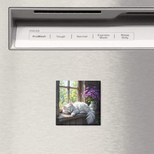 Napping White Cat and Purple Flowers  マグネット (インサイチュ (食洗機))