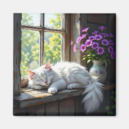 Napping White Cat and Purple Flowers  マグネット