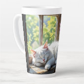 Napping White Cat and Purple Flowers Personalized カフェラテマグ (左アングル)