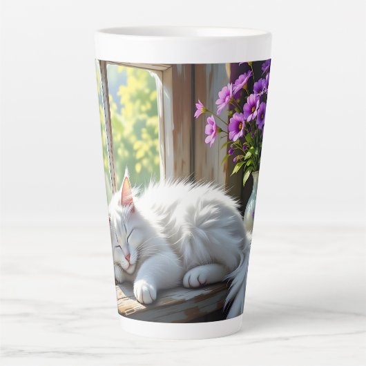 Napping White Cat and Purple Flowers Personalized カフェラテマグ (正面)