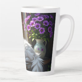 Napping White Cat and Purple Flowers Personalized カフェラテマグ