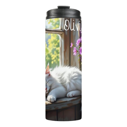 Napping White Cat and Purple Flowers Personalized タンブラー (正面)