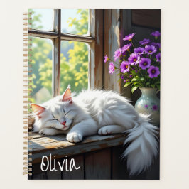 Napping White Cat and Purple Flowers Personalized プランナー手帳