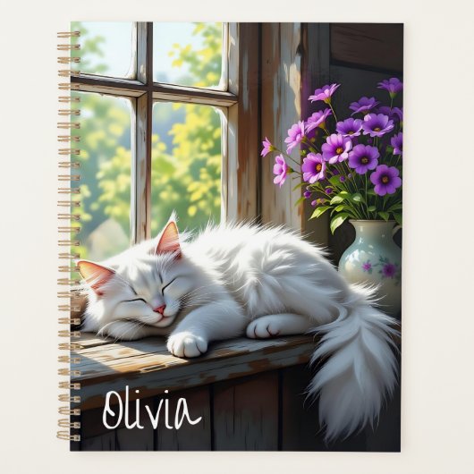 Napping White Cat and Purple Flowers Personalized プランナー手帳 (正面)