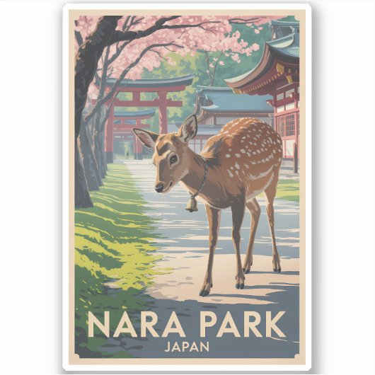 Nara Park Japan Deer Illustration Travel Art Retro シール (正面)