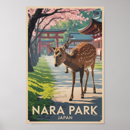 Nara Park Japan Deer Illustration Travel Art Retro ポスター (正面)