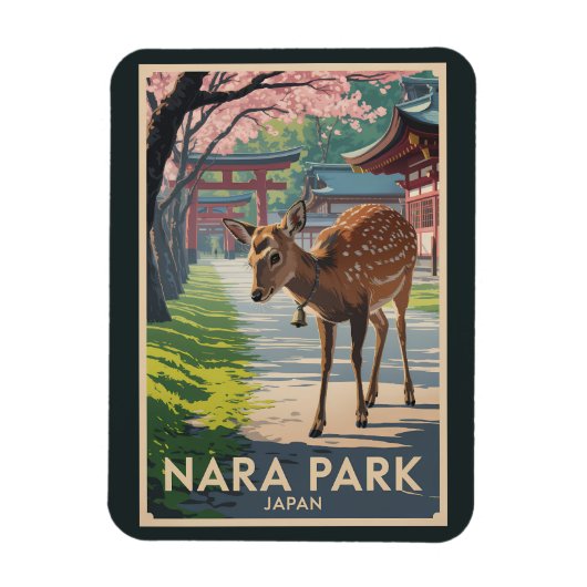 Nara Park Japan Deer Illustration Travel Art Retro マグネット (縦)