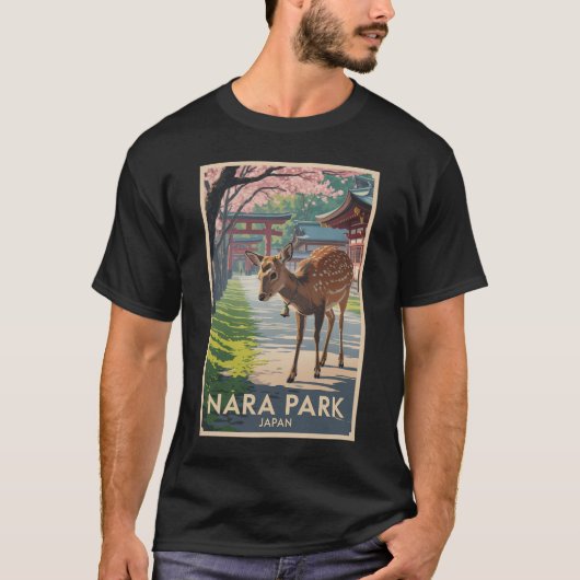 Nara Park Japan Deer Illustration Travel Art Retro Tシャツ (正面)