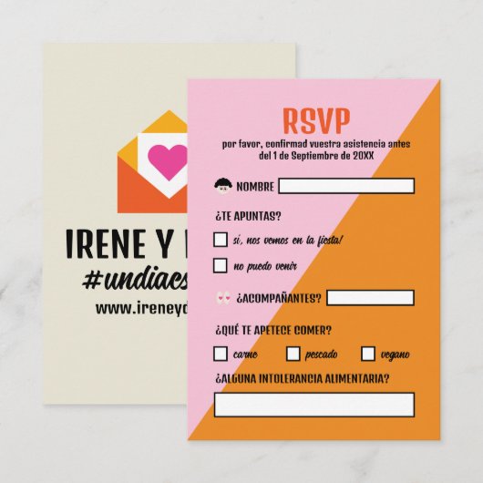Naranja y Rosa Triangulo Comida Boda 出欠カード (正面/裏面)