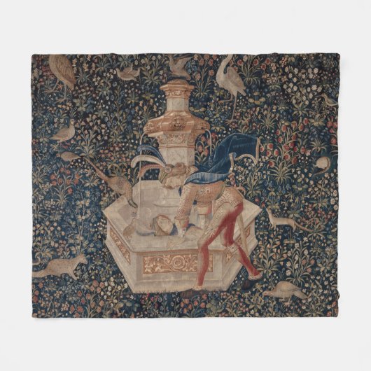 Narcissus at the Well, Medieval Tapestry フリースブランケット (正面(横))
