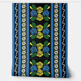 Narrowboat Blue Folk Art Roses and Daisies 壁紙