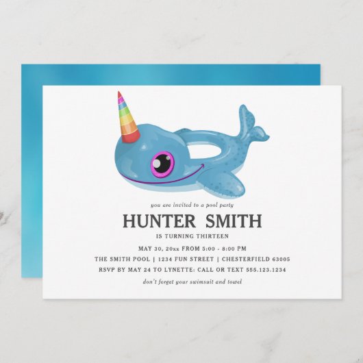 Narwhalのプールの浮遊物の誕生日のプールを囲んでのパーティ 招待状 (正面/裏面)