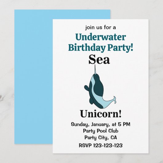 Narwhal Sea Unicorn Underwater Birthday Party 招待状 (正面/裏面)