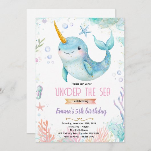 Narwhal theme party invitation 招待状 (正面/裏面)