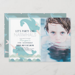 Narwhal Waves Sea Blue Boy誕生日写真 招待状