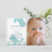 Narwhal Waves Sea Blue Boy 1st Birthday Photo 招待状 (スタンド正面)