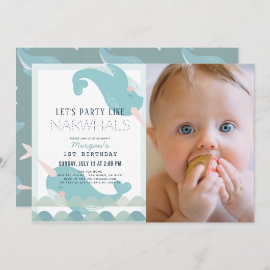 Narwhal Waves Sea Blue Boy 1st Birthday Photo 招待状 (正面/裏面)