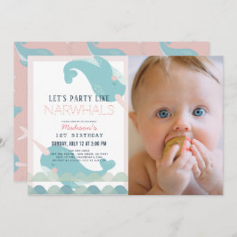 Narwhal Waves Sea Pink Girl 1st Birthday写真 招待状