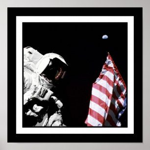 NASA Apollo 17 Astronaut Flag Earth Moon Photo ポスター