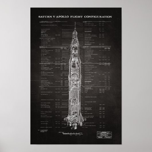 NASA Apollo Saturn V Rocket Blueprint (black) ポスター (正面)