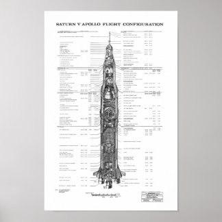 NASA Apollo Saturn V Rocket Blueprint (white) ポスター