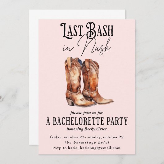 Nashピンクの最後のBash女性のカーボーイバチェロレッテ 招待状 (正面/裏面)