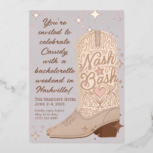Nash Bash女性のカーボーイ起動バチェロレッテ 箔招待状 (正面)