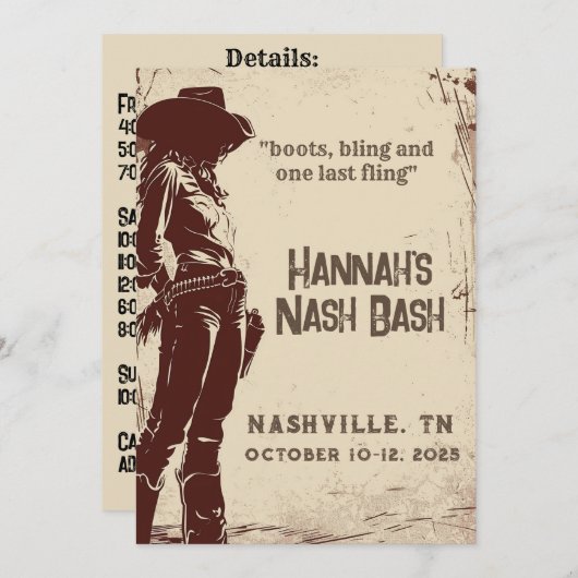 Nashville Boots and Bling Bachelorette 招待状 (正面/裏面)