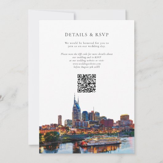 Nashville Riverfront Watercolor QR Code Wedding 招待状 (裏面)