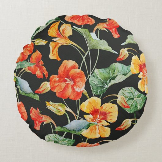 Nasturtium Orange:水色ダークパターン。 ラウンドクッション (正面)