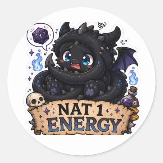 Nat 1 エナジー かわいい ベビードラゴン D&D ステッカー (正面)