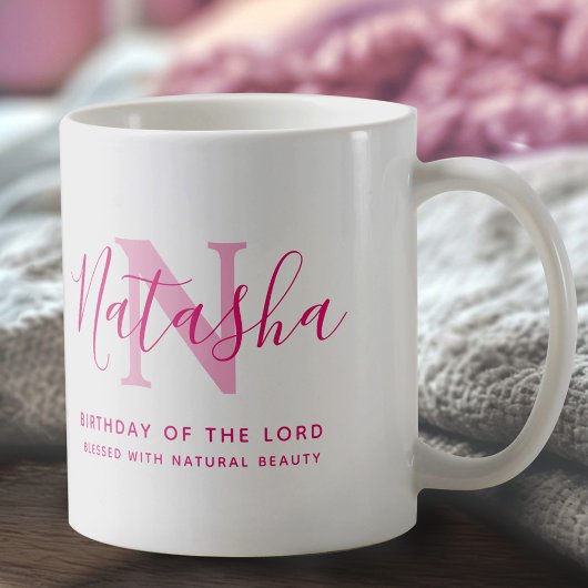 Natasha name meaning and monogram pink text コーヒーマグカップ