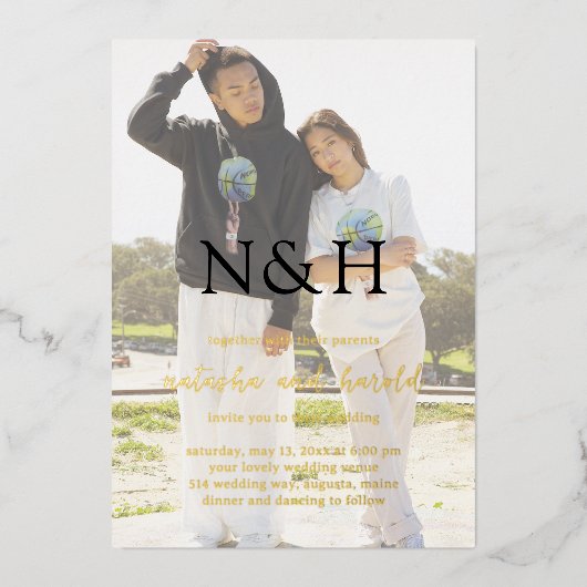 Natasha Photo Monogramモダン結婚's 箔招待状 (正面)
