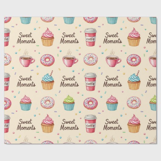 Natasha Usによるコーヒー、ドーナツ、カップケーキ ラッピングペーパー (フラット)