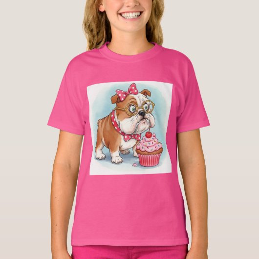 Natasha Usによる英語のブルドッグとカップケーキ Tシャツ (正面)