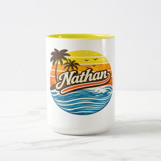 Nathan Retro Sunset Name Design ツートーンマグカップ (中央)