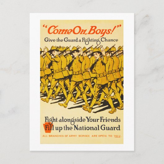 National Guard Come On Boys WWI Propaganda ポストカード (正面)
