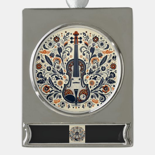  National Violin Day Melody Sticker with Folk Art  シルバープレートバナーオーナメント (正面)