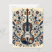  National Violin Day Melody Sticker with Folk Art  シーズンポストカード (正面/裏面)