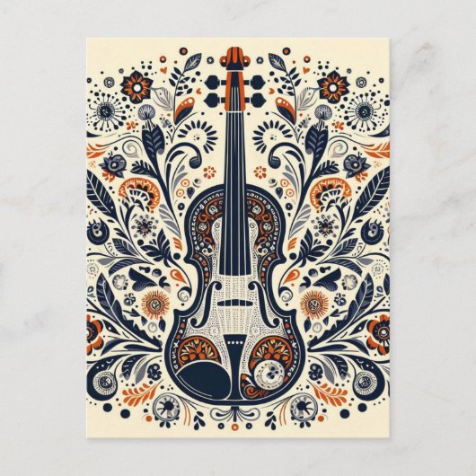 National Violin Day Melody Sticker with Folk Art  シーズンポストカード (正面)